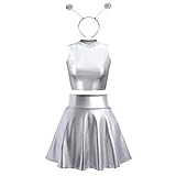 Alien Kostüm Damen - Metallic Glitzer Oberteil Crop Top+Faltenrock...