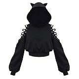 Damen Cat Ears Black Hoodie Langarm Kapuzenpullover Sweatshirt Hollow...