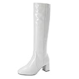MISSUIT Damen Langschaftstiefel Blockabsatz Lackstiefel High Heels...