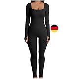 Damen Sport Jumpsuit Lang Eng Yoga Bodysuit Overall Stretch Langarm...