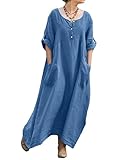 ORANDESIGNE Sommerkleid Damen Leinenkleider Casual Rundhals Kurzarm...