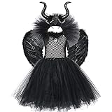 Mädchen Maleficent Kostüm Tüll Kleid Flügel Gehörntes Stirnband...