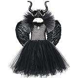 Mädchen Maleficent Kostüm Tüll Kleid Flügel Gehörntes Stirnband...