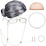 Alte Dame Cosplay Set Großmutter Perücke Kappe Brille Kette Schnüre...