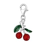 Quiges Charms Anhänger Rote und Grüne Emaille 3D Kirsche Versilbert...