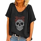 Halloween Kostüm Shirt Damen Oversize Shirt Totenkopf Glänzend...