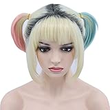 FVCENT Harley Quinn Kurzes blondes volles Haar, Bang Kostüm Dark Root...