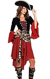 Hejo Home Damen Kostüm Piratin Pirat Rot Halb Lang Kleid mit Hut...