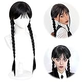 Wednesday Addams Cosplay Perücke, geflochtene schwarze Zopfperücke...
