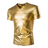 inlzdz Herren Hemd Metallic Glänzend T-Shirt Kurzarm/Langarm Silber...