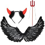 Idota 3 Stück Federflügel Schwarz 60CM mit Teufel Horn Rot und...