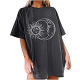 Oberteile Damen Oversized T-Shirt Sonne Mond Motiv Sportshirt Kurzarm...