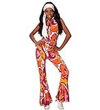 70er Jahre Damen Retro Jumpsuit mit Orchideen-Muster Disco-Queen...