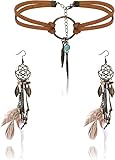 LOLIAS Boho Traumfänger-Ohrringe Drop Leder Choker Halskette Set für...