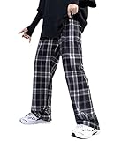Frauen Karierte Hosen Hohe Taille Weite Beinhosen Korean Fashion...
