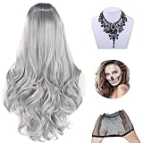 Halloween Perücke Damen Perücke Grau, Long Wavy Curly Cosplay...