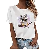 Damen T-Shirt Sommer Süß Eule Druck Casual Rundhals T-Shirt Tunika...