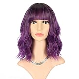 FAELBATY Lila Perücke mit Pony Kurz Bob Synthetische Cosplay Perücke...