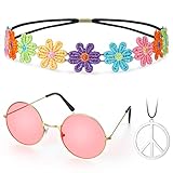Hippie Kostüm Set Runde Brille im Stil der 60er Jahre Frieden Zeichen...