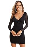 DIDK Damen Netz Ärmel Kleider Bodycon Tief V-Ausschnitt...