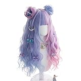 Lolita Perücke 65cm Lange Wellig Lockiges Lila Gemischtes Blau süße...