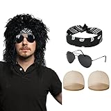 AOMIG Vokuhila Perücke Schwarz, 5 Stück Punk Gothic Rocker Kit mit...