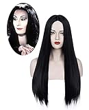 Schwarze Perücke für Morticia Addams Kostüm Damen Lange Glatt Haar...
