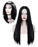 Schwarze Perücke für Morticia Addams Kostüm Damen Lange Glatt Haar...