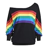 Bluse Damen One Shouleder Sweatshirt Gestreift Regenbogen Pullover,...