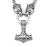 Massive Edelstahl Wikinger Halskette Mjölnir mit Fenris Wolf - Silber
