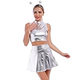 Alien Kostüm Damen Sexy Metallic Kleider Silber Top+ Glänzend Rock+...