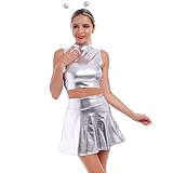 Alien Kostüm Damen Sexy Metallic Kleider Silber Top+ Glänzend Rock+...