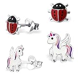 2 Paar Ohrstecker Set Ohrringe Mädchen Silber 925 mit Emaille Einhorn...