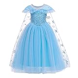 Mädchen Elsa Kostüm Eiskönigin Maxikleid mit Schneeflocke Umhang...