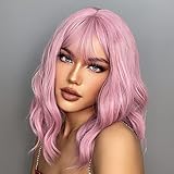 Pretfy Kurze lockige Rosa Bob Perücken für Frauen,Lose Wellig...