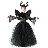 IWEMEK Kinder Mädchen Maleficent Kostüm Kleid mit Flügel Hörner...