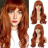 FAELBATY Long Orange Perücke Curly Wave Perücken mit Pony...