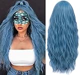 Perücke Blau Damen Lang Locken Perücken mit Pony und Perückennetz...