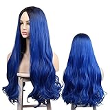 Perücke Blau Lang Ombre Schwarze Perücken für Frauen, Dunkle Wurzel...