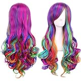 Ateid Damen Perücke Lockig Regenbogen 70cm + Haarnetz