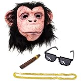 Maske Affe mit Zigarre Kette und Brille Kostüm Fasching Karneval Mask...