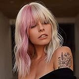 FAELBATY Kurze Blonde Perücke Highlight Rosa Perücken Mit Pony Damen...