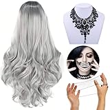 Halloween Perücke Damen Perücke Grau, Long Wavy Curly Cosplay...