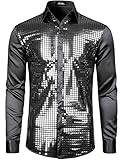 JOGAL Herren Pailletten Hemd 70er Langarm Disco Party Kostüm Large...