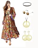 Damen 60er 70er Jahre Hippie Kostüm Set mit Hippie Accessoires, Retro...