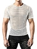 JOGAL Herren Muskel Transparent Kurzarm Shirts Netz Hemd Medium Weiß