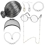 LOPOTIN 7TLG Oma Perücke Kostüm Accessoire Set Oma Brille mit Perlen...