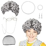 Oma Perücke Grauer Old Lady Kostüm Großmutter Cosplay Zubehör Set...