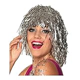 WOOOOZY NEU Perücke Damen Lametta Folie, Disco, Silber - Haarnetz