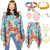 YADODO Hippie Kostüm Damen Poncho Set mit Hippie Accessoires 60er...